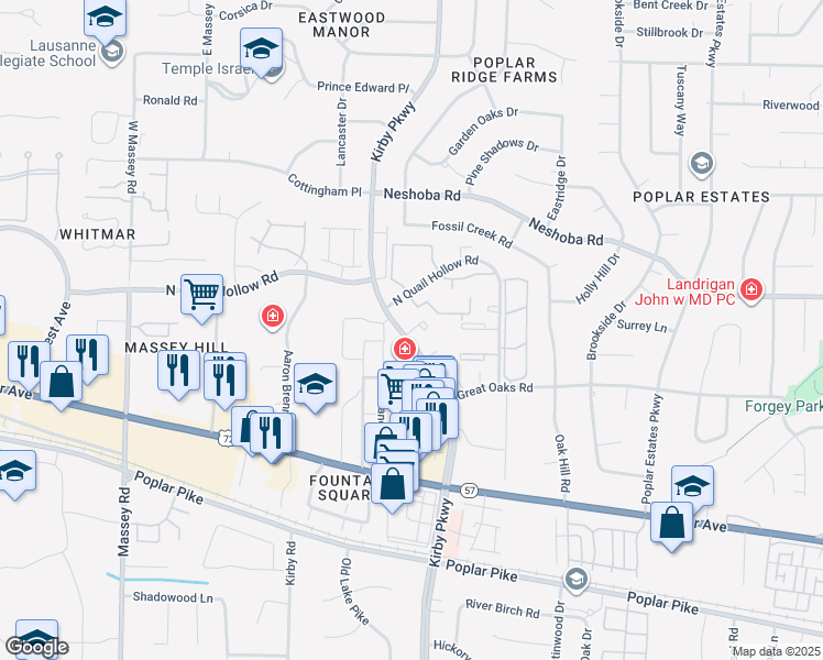map of restaurants, bars, coffee shops, grocery stores, and more near 6676 Whispering Oak Place in Memphis