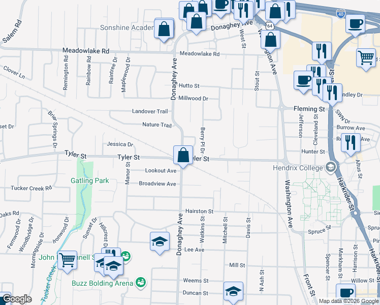map of restaurants, bars, coffee shops, grocery stores, and more near 1701 Marilyn Drive in Conway