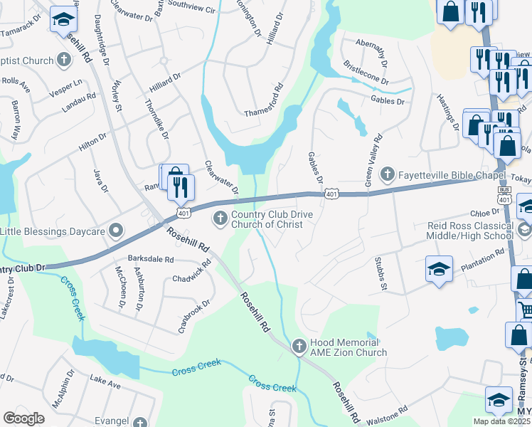map of restaurants, bars, coffee shops, grocery stores, and more near 755 Harveydale Drive in Fayetteville