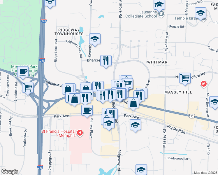 map of restaurants, bars, coffee shops, grocery stores, and more near 6070 Poplar Avenue in Memphis