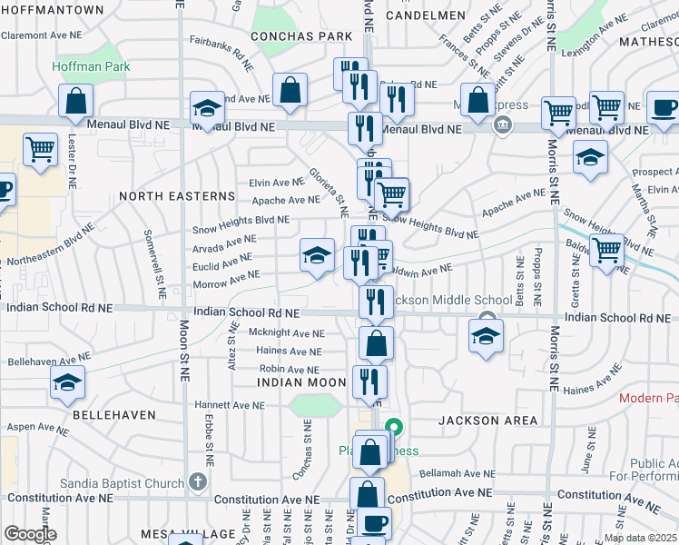 map of restaurants, bars, coffee shops, grocery stores, and more near 9717 Indian School Road Northeast in Albuquerque