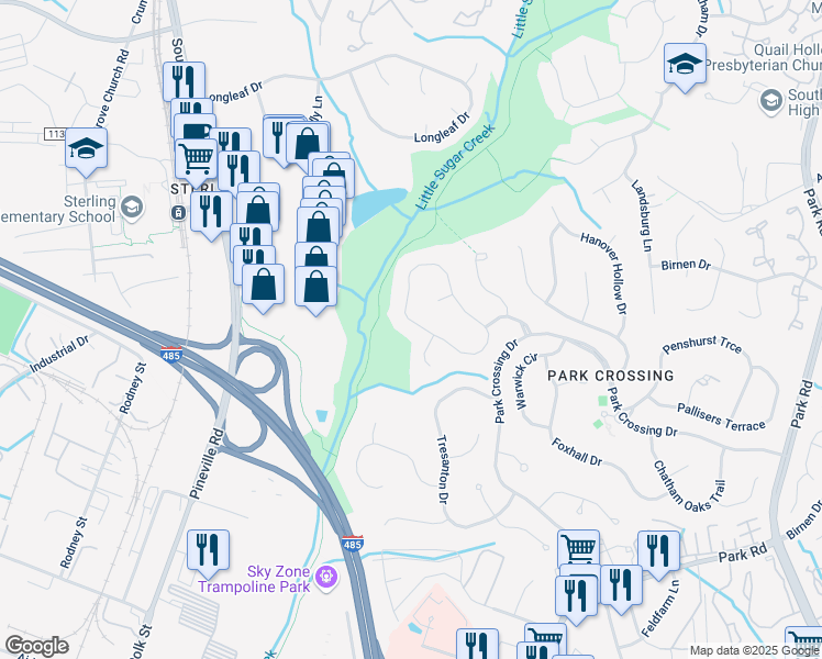 map of restaurants, bars, coffee shops, grocery stores, and more near 10115 Balmoral Circle in Charlotte