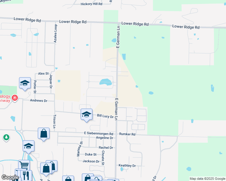 map of restaurants, bars, coffee shops, grocery stores, and more near 1850 Wills Drive in Conway