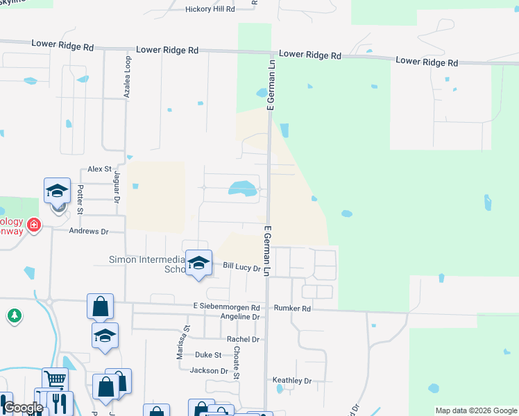 map of restaurants, bars, coffee shops, grocery stores, and more near 1850 Wills Drive in Conway