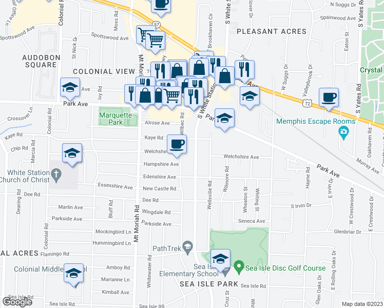 map of restaurants, bars, coffee shops, grocery stores, and more near 1041 South White Station Road in Memphis