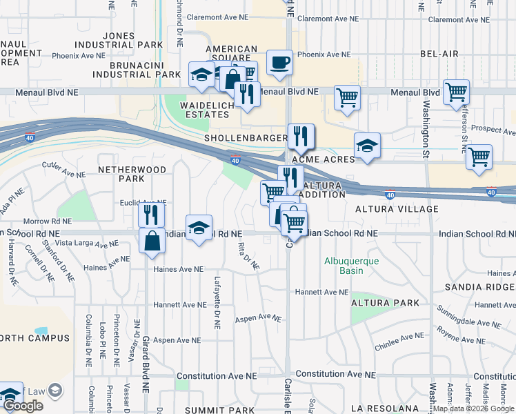 map of restaurants, bars, coffee shops, grocery stores, and more near 1700 Indian Plaza Drive Northeast in Albuquerque
