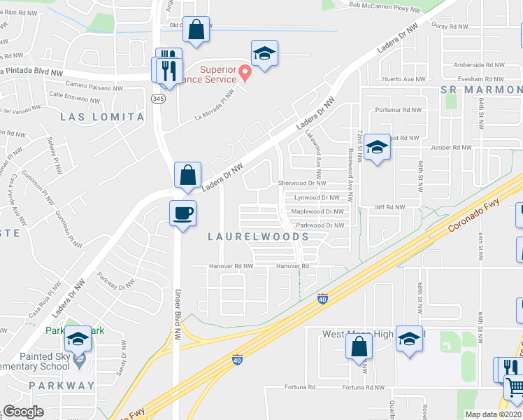 map of restaurants, bars, coffee shops, grocery stores, and more near 7800 Pinewood Drive Northwest in Albuquerque