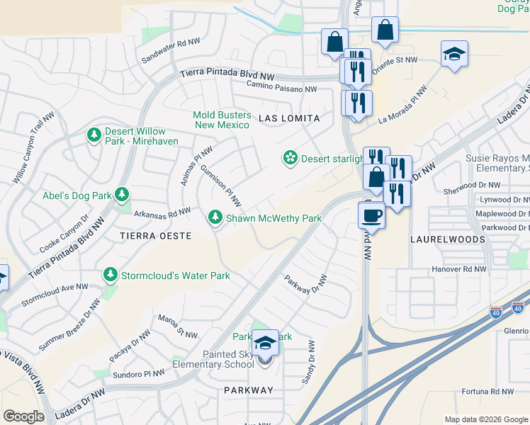 map of restaurants, bars, coffee shops, grocery stores, and more near 8600 Casa Vistosa Court Northwest in Albuquerque