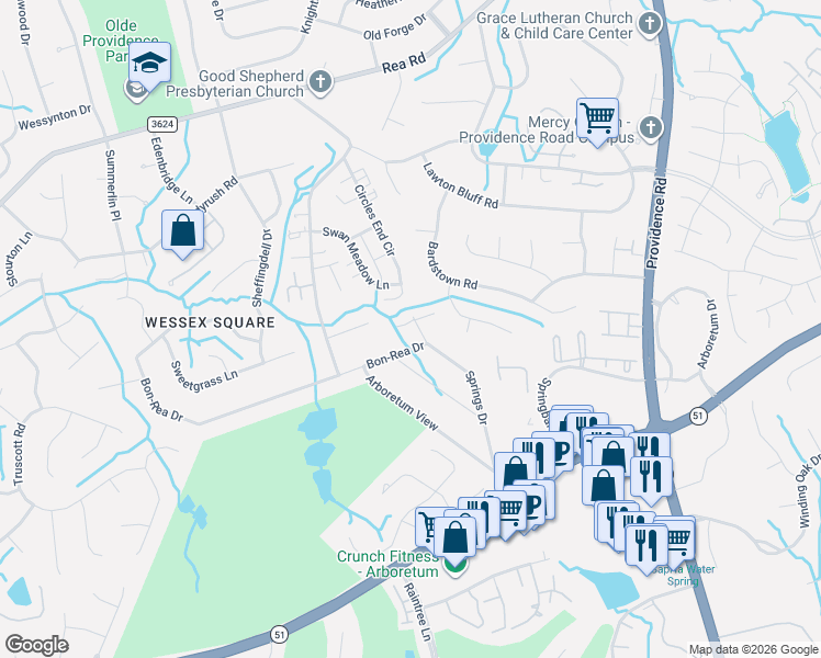 map of restaurants, bars, coffee shops, grocery stores, and more near 3212 Bon-Rea Drive in Charlotte