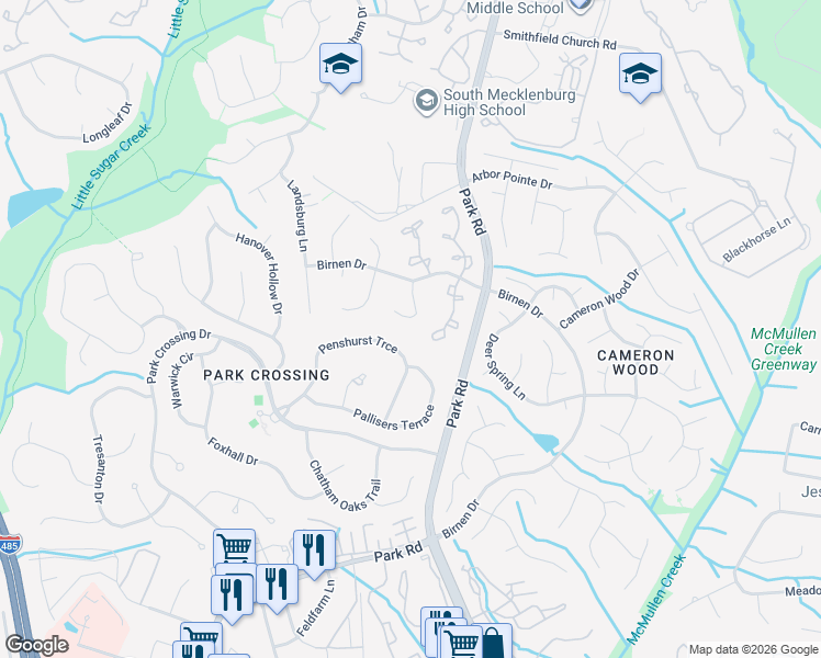 map of restaurants, bars, coffee shops, grocery stores, and more near 9406 Penshurst Trce in Charlotte