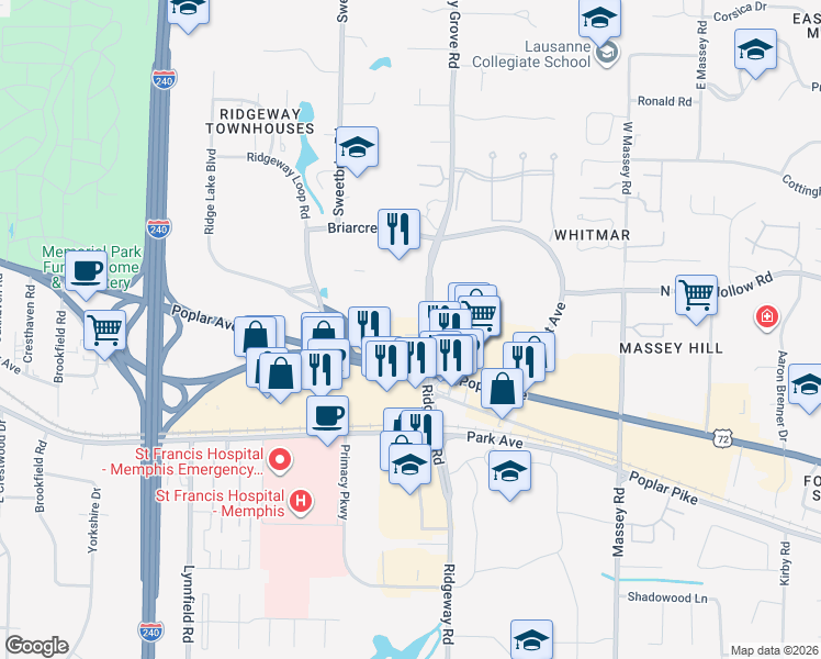map of restaurants, bars, coffee shops, grocery stores, and more near 6060 Poplar Avenue in Memphis