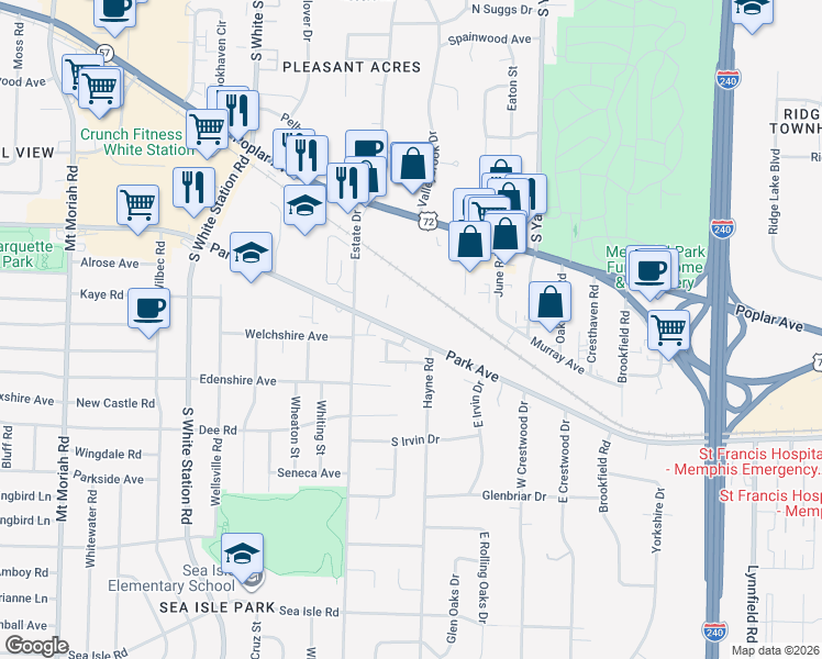map of restaurants, bars, coffee shops, grocery stores, and more near 5397 Park Avenue in Memphis