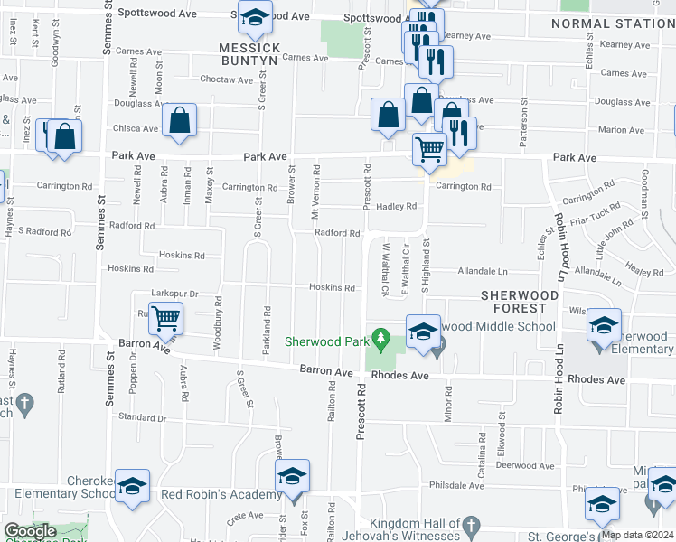 map of restaurants, bars, coffee shops, grocery stores, and more near 1053 Railton Road in Memphis