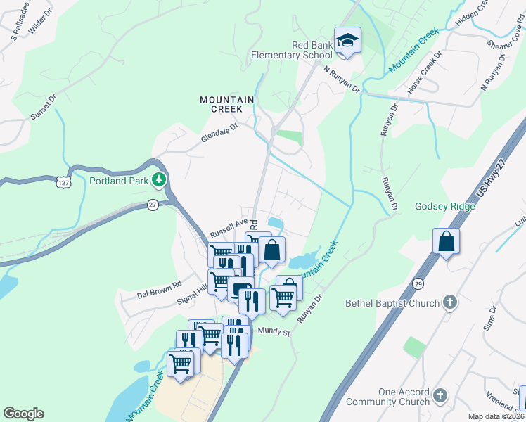 map of restaurants, bars, coffee shops, grocery stores, and more near Signal View in Chattanooga