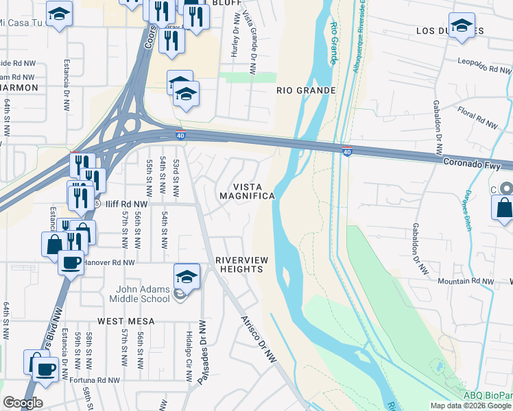 map of restaurants, bars, coffee shops, grocery stores, and more near 1601 Bluffside Place Northwest in Albuquerque