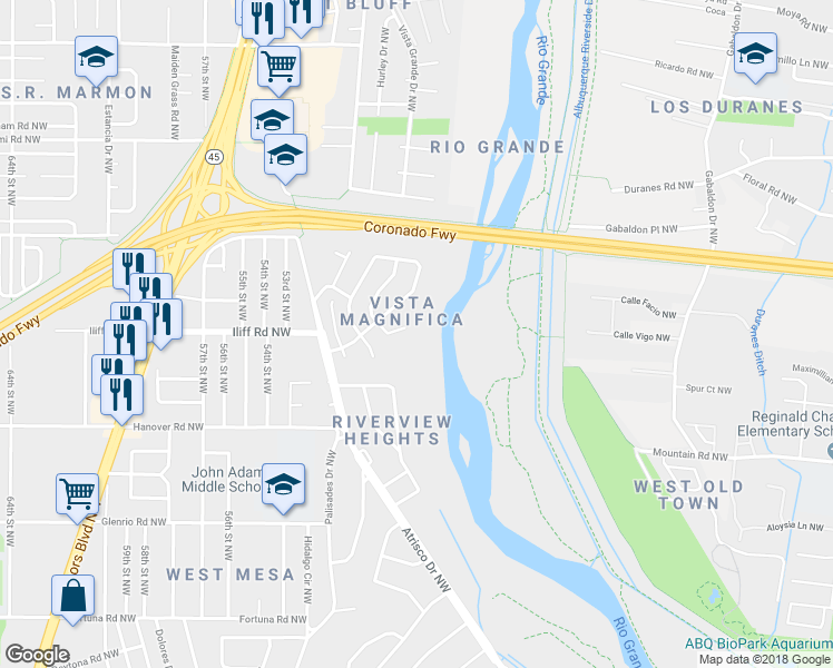 map of restaurants, bars, coffee shops, grocery stores, and more near 1601 Bluffside Place Northwest in Albuquerque