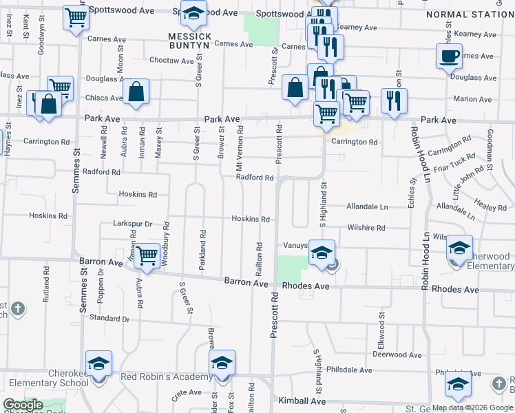 map of restaurants, bars, coffee shops, grocery stores, and more near 1053 Railton Road in Memphis