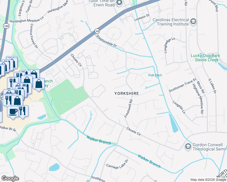 map of restaurants, bars, coffee shops, grocery stores, and more near 13604 Quixley Lane in Charlotte