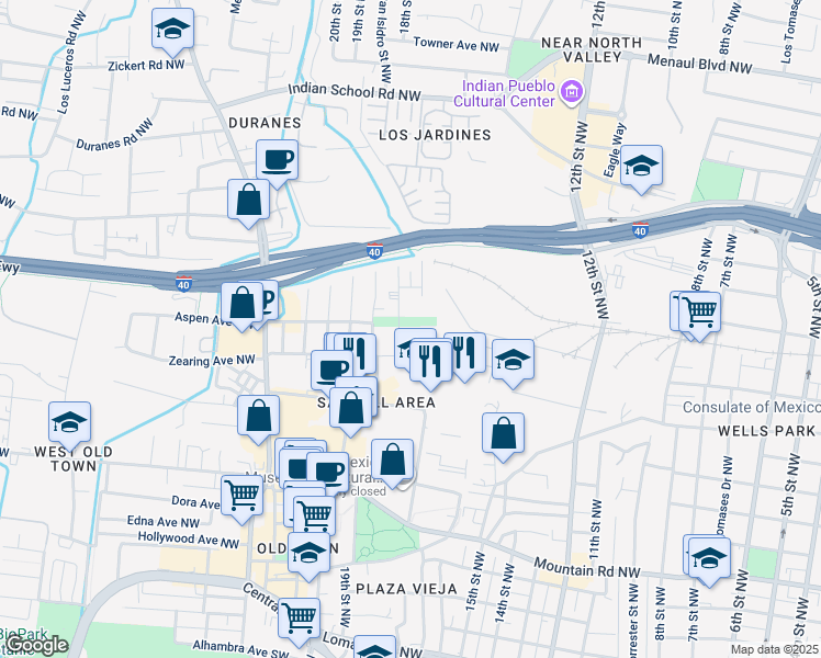 map of restaurants, bars, coffee shops, grocery stores, and more near 990 18th Street Northwest in Albuquerque