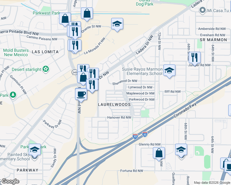 map of restaurants, bars, coffee shops, grocery stores, and more near 7725 Pinewood Drive Northwest in Albuquerque
