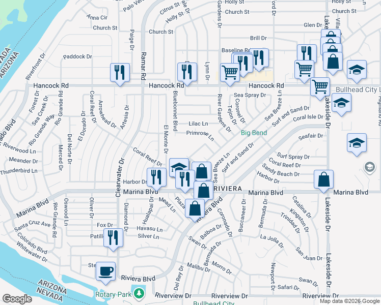 map of restaurants, bars, coffee shops, grocery stores, and more near 1932 Morning Glory Trail in Bullhead City