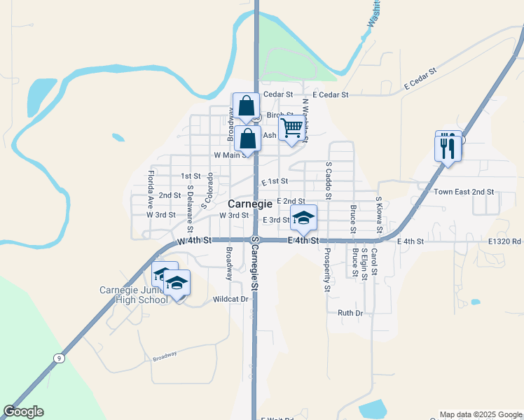 map of restaurants, bars, coffee shops, grocery stores, and more near 315 South Carnegie Street in Carnegie