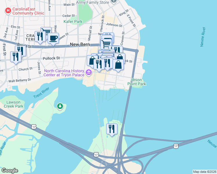 map of restaurants, bars, coffee shops, grocery stores, and more near 100 Middle Street in New Bern