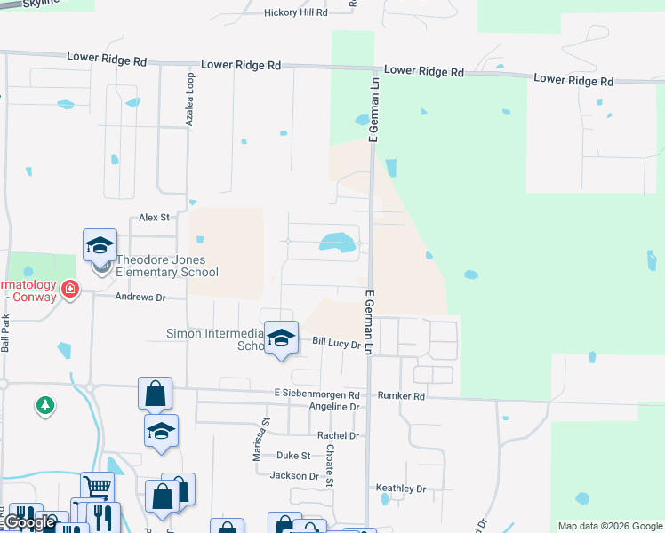 map of restaurants, bars, coffee shops, grocery stores, and more near 1750 Wills Drive in Conway