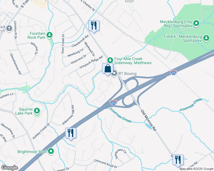 map of restaurants, bars, coffee shops, grocery stores, and more near 12825 Vinings Creek Drive in Matthews