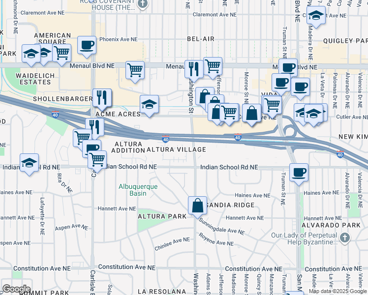 map of restaurants, bars, coffee shops, grocery stores, and more near 4357 Altura Vista Lane Northeast in Albuquerque