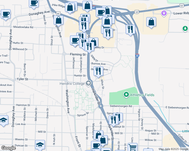 map of restaurants, bars, coffee shops, grocery stores, and more near 1050 Ellis Avenue in Conway