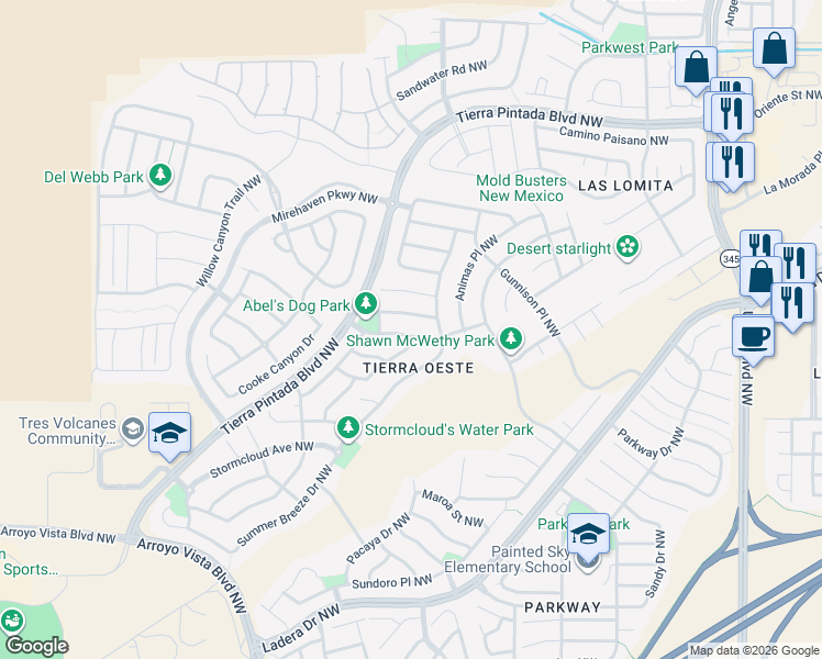 map of restaurants, bars, coffee shops, grocery stores, and more near 8800 Arkansas Road Northwest in Albuquerque