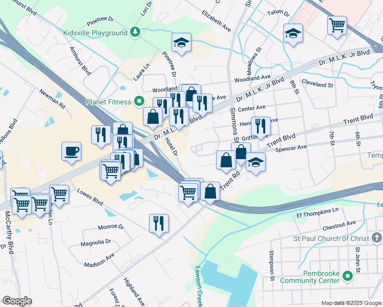 map of restaurants, bars, coffee shops, grocery stores, and more near 2410 Griffin Avenue in New Bern