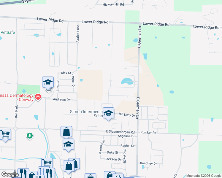 map of restaurants, bars, coffee shops, grocery stores, and more near 1630 Wills Drive in Conway