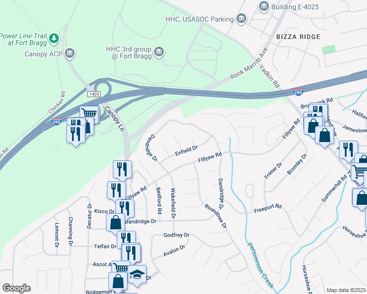 map of restaurants, bars, coffee shops, grocery stores, and more near 902 Bashlot Place in Fayetteville