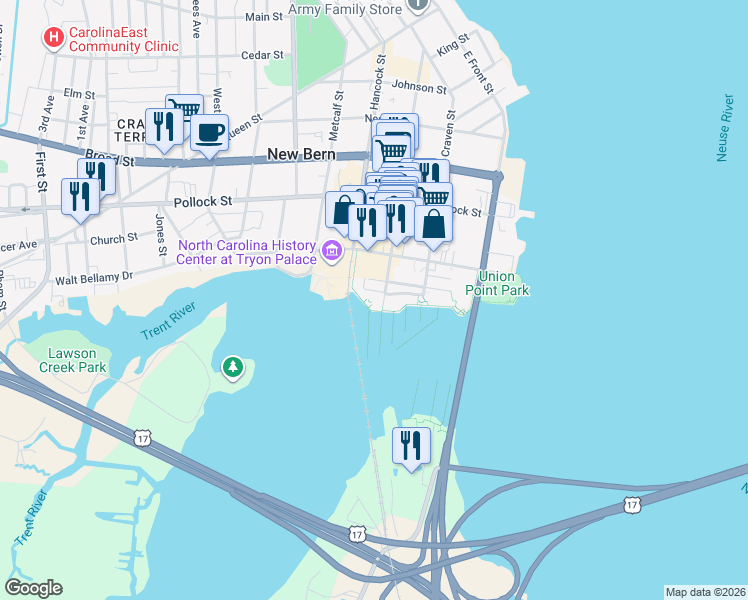 map of restaurants, bars, coffee shops, grocery stores, and more near 225 Sky Sail Boulevard in New Bern