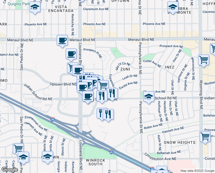 map of restaurants, bars, coffee shops, grocery stores, and more near 2222 Uptown Loop Road Northeast in Albuquerque
