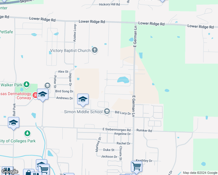 map of restaurants, bars, coffee shops, grocery stores, and more near 1630 Wills Drive in Conway