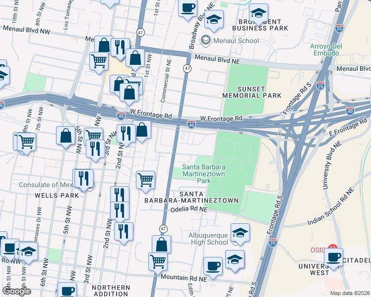 map of restaurants, bars, coffee shops, grocery stores, and more near 1864 Broadway Place Northeast in Albuquerque