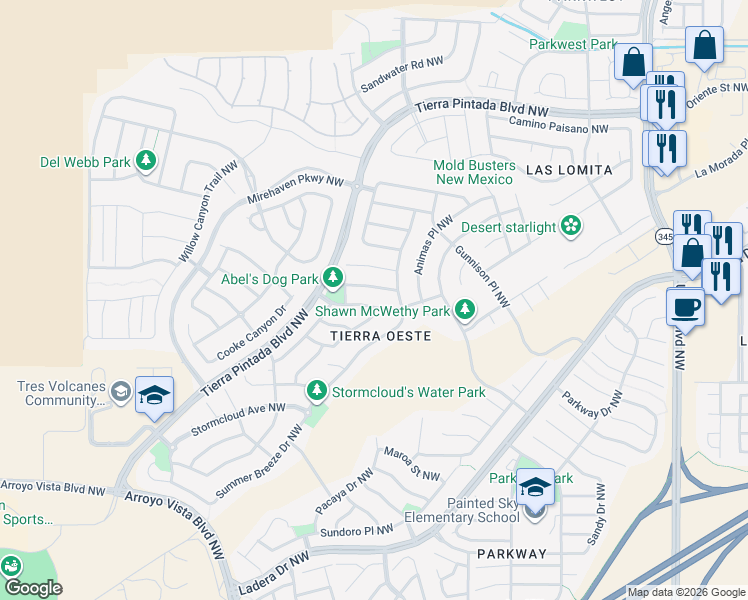 map of restaurants, bars, coffee shops, grocery stores, and more near 8800 Arkansas Road Northwest in Albuquerque