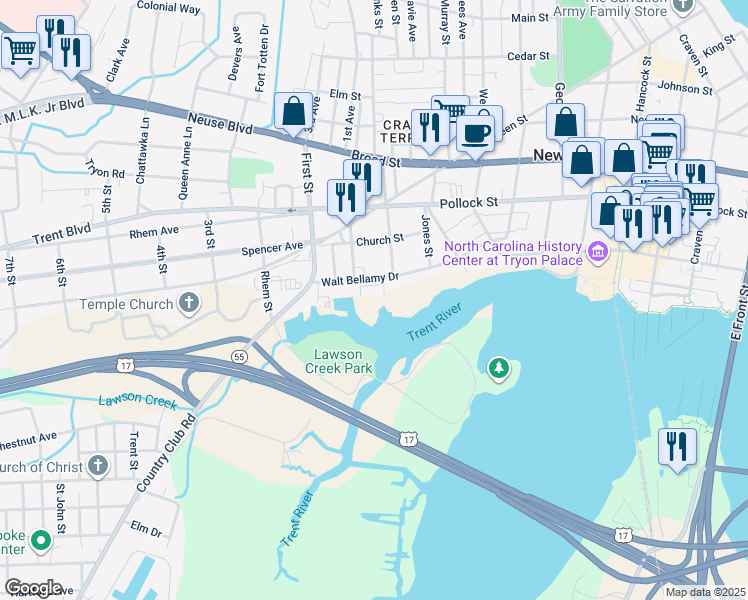 map of restaurants, bars, coffee shops, grocery stores, and more near 225 Walt Bellamy Drive in New Bern
