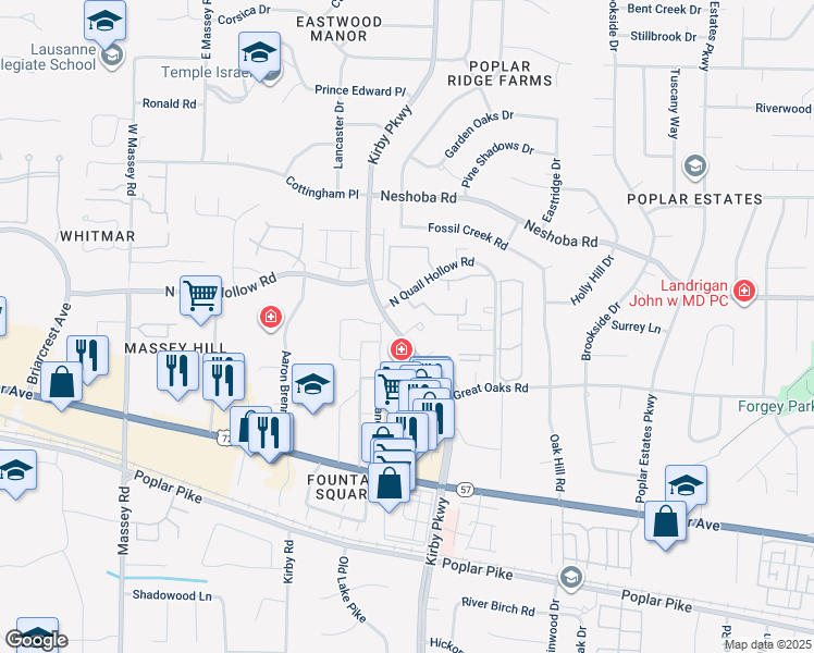 map of restaurants, bars, coffee shops, grocery stores, and more near 6676 Whispering Oak Place in Memphis