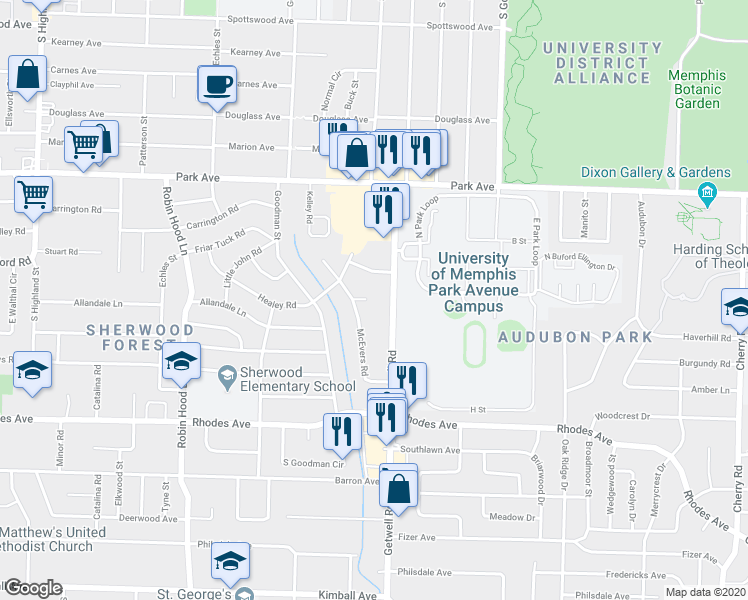 map of restaurants, bars, coffee shops, grocery stores, and more near in Memphis