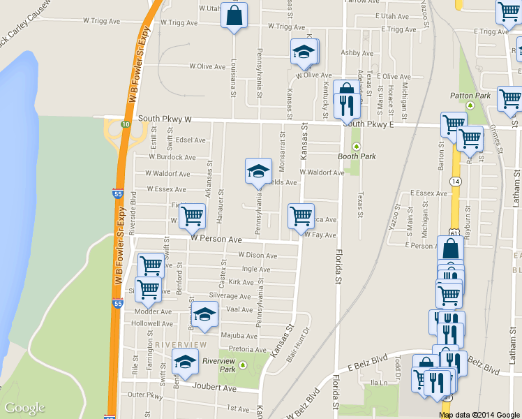 map of restaurants, bars, coffee shops, grocery stores, and more near 1636 Pennsylvania Street in Memphis