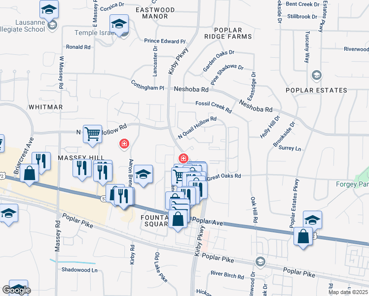 map of restaurants, bars, coffee shops, grocery stores, and more near 6676 Whispering Oak Place in Memphis