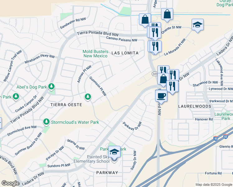 map of restaurants, bars, coffee shops, grocery stores, and more near 8600 Casa Vistosa Court Northwest in Albuquerque