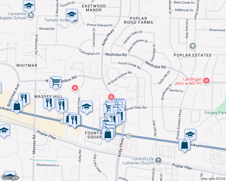 map of restaurants, bars, coffee shops, grocery stores, and more near 6676 Whispering Oak Place in Memphis