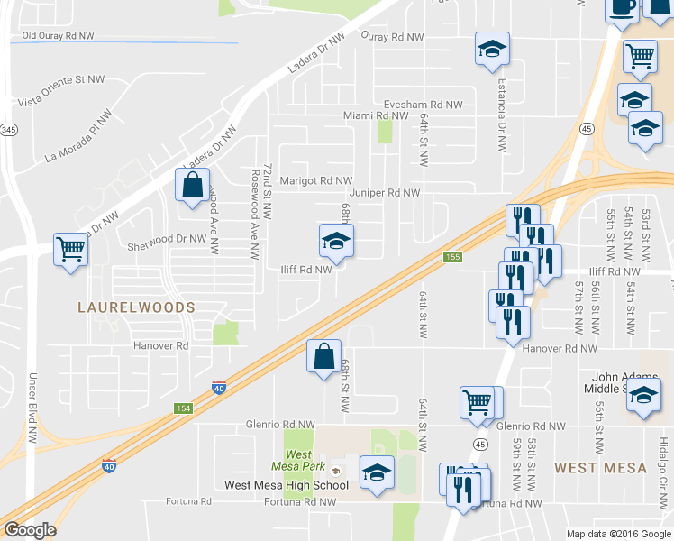 map of restaurants, bars, coffee shops, grocery stores, and more near 1516 Desert Bloom Street Northwest in Albuquerque