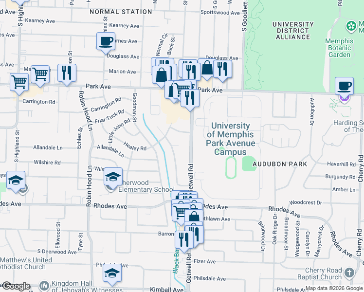 map of restaurants, bars, coffee shops, grocery stores, and more near in Memphis