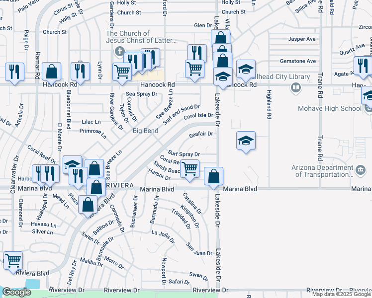 map of restaurants, bars, coffee shops, grocery stores, and more near 929 Captains Cove in Bullhead City